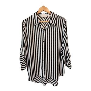 Chico's Black and White Button Down Shirt with Notched Collar and Cuffed Sleeves